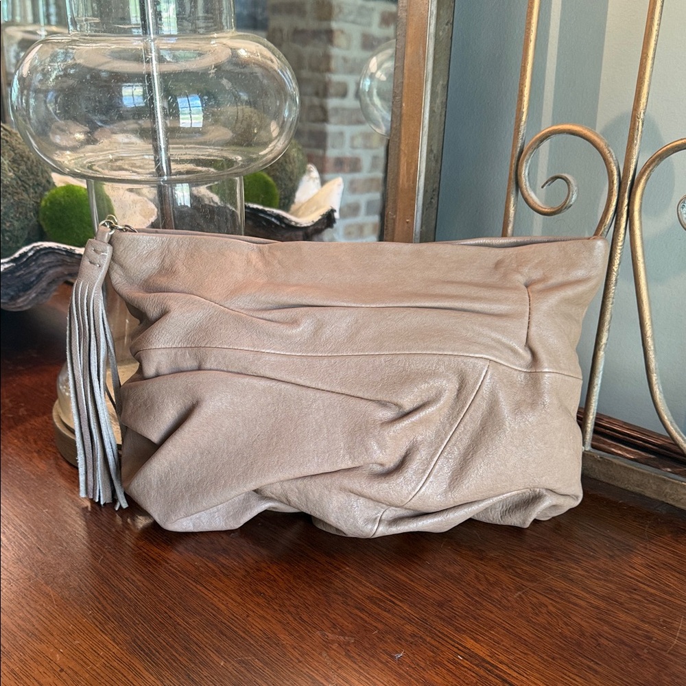 NWOT Hobo Soft Taupe Leather Wristlet Clutch with Tassel